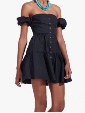 Staud Black Puff Sleeve Mini Dress – Button Front Tiered Dress
